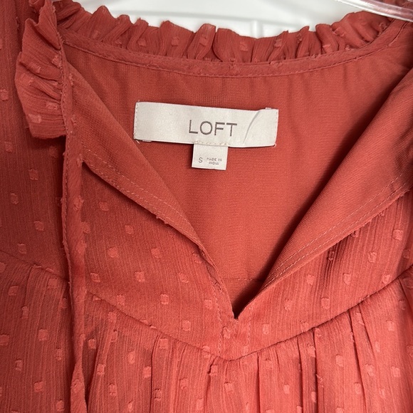 Loft burnt orange rust long sleeve chiffon dot frill V neck blouse size small. - Picture 3 of 9